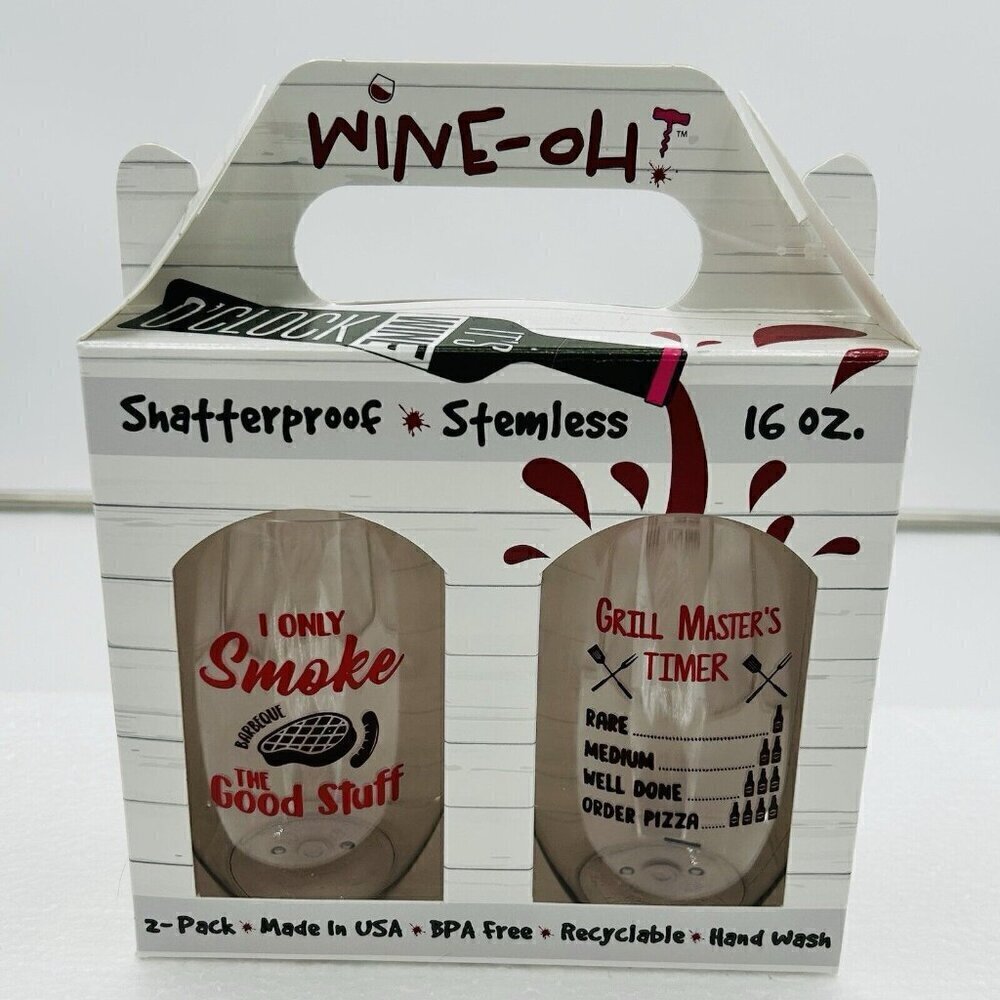 WINE-OH Shatterproof Stemless Wine Glasses BBQ Grill Set 2 NIB 16oz Novelty
